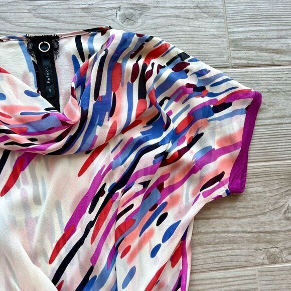 Poleci Women's Multicolor Lined Silk Abstract Midi Asymmetrical Dress Size 6 - Picture 7 of 9